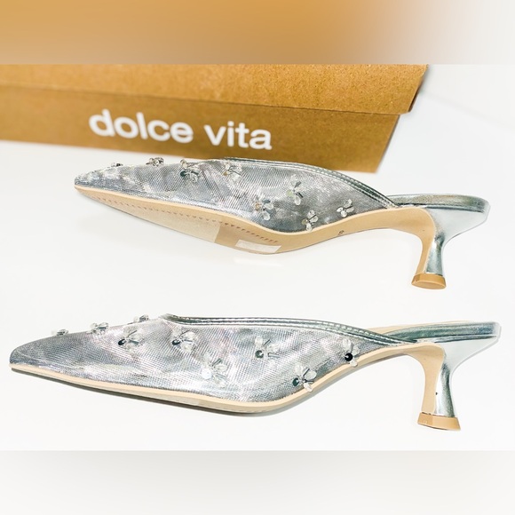 Dolce Vita Clara Women’s Kitten Heel Crystals & Beads Silver Mesh 8 NIB Pumps - Picture 3 of 6